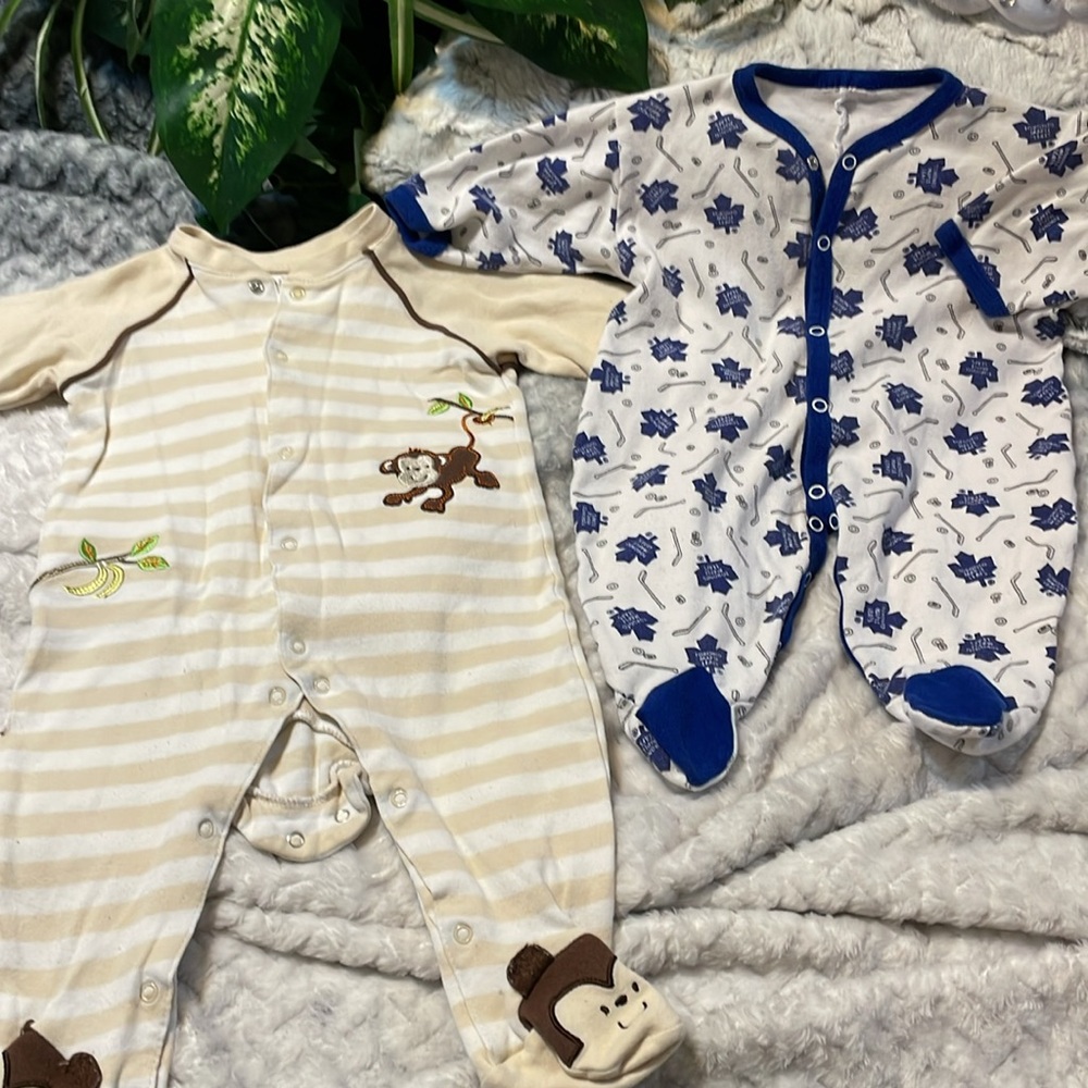 2 for1 Onesie Boys 3-6M Jumper Tan striped monkey blue hockey Toronto Snap front